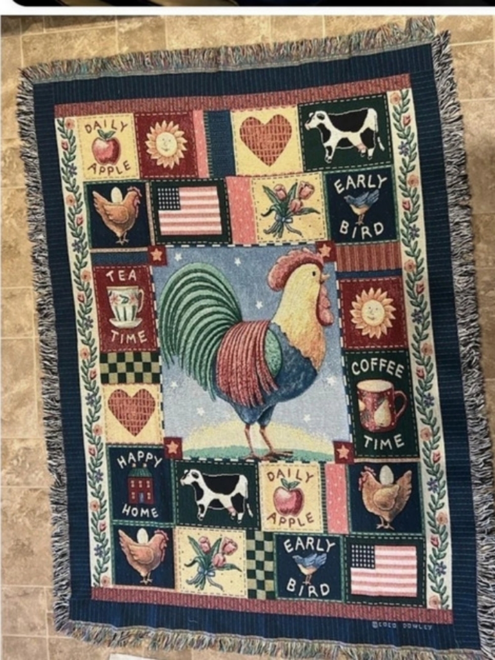 Vintage Rise & Shine Americana Rooster Tapestry Blanket 48"X65"